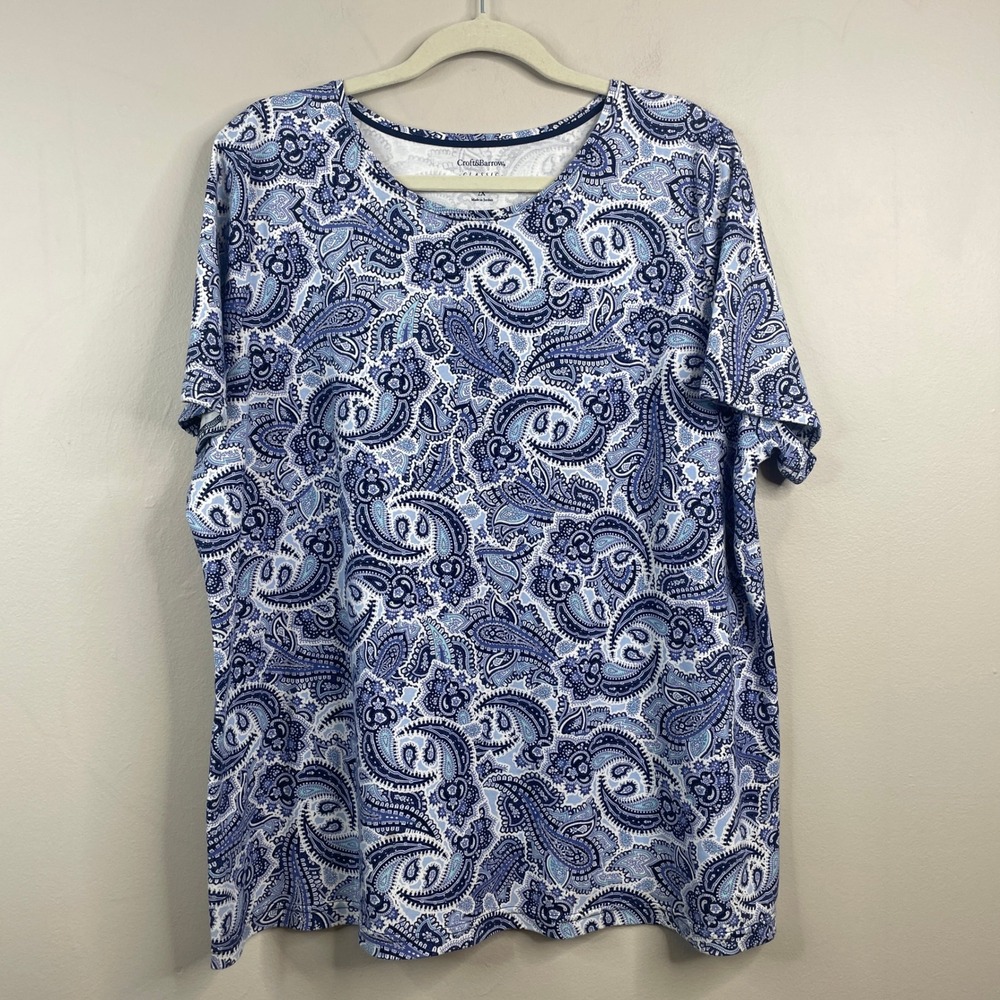 Croft & Barrow Paisley Short Sleeve Top Womens 2X Blue Cotton Casual Classic